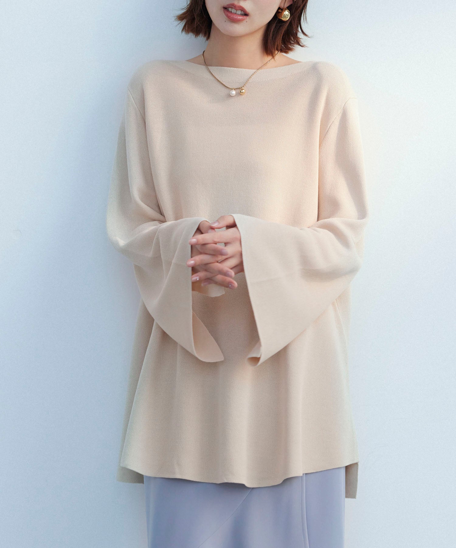 ビックシルエットフレアスリーブサマーニットプルオーバーsdpxyf9281b ベージュ