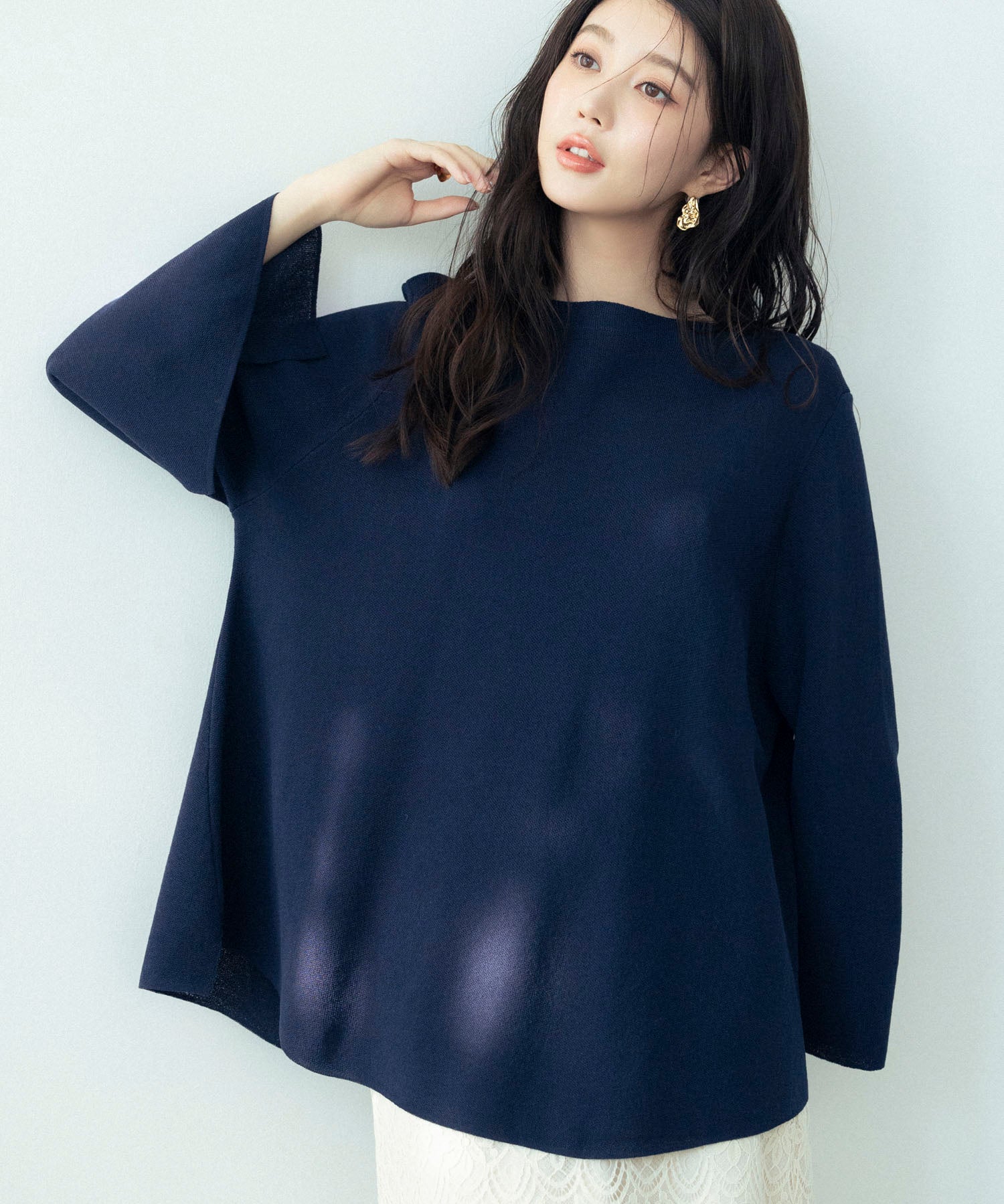ビックシルエットフレアスリーブサマーニットプルオーバーsdpxyf9281b ネイビー