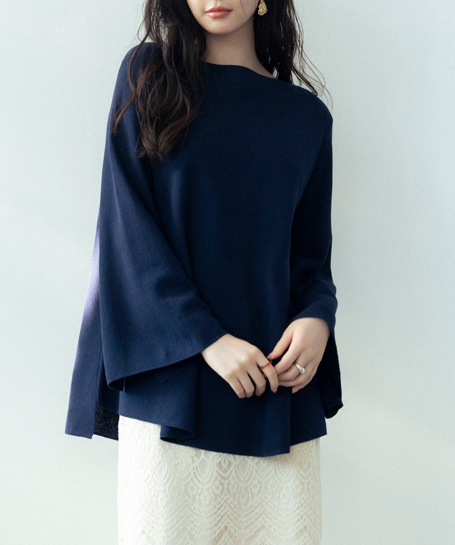 ビックシルエットフレアスリーブサマーニットプルオーバーsdpxyf9281b ネイビー