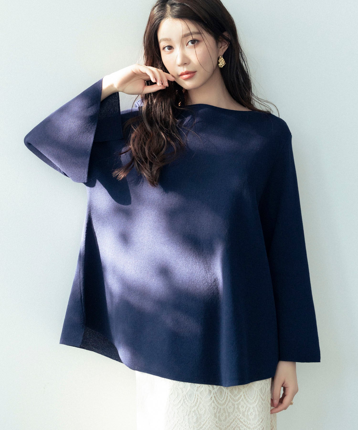 ビックシルエットフレアスリーブサマーニットプルオーバーsdpxyf9281b ネイビー