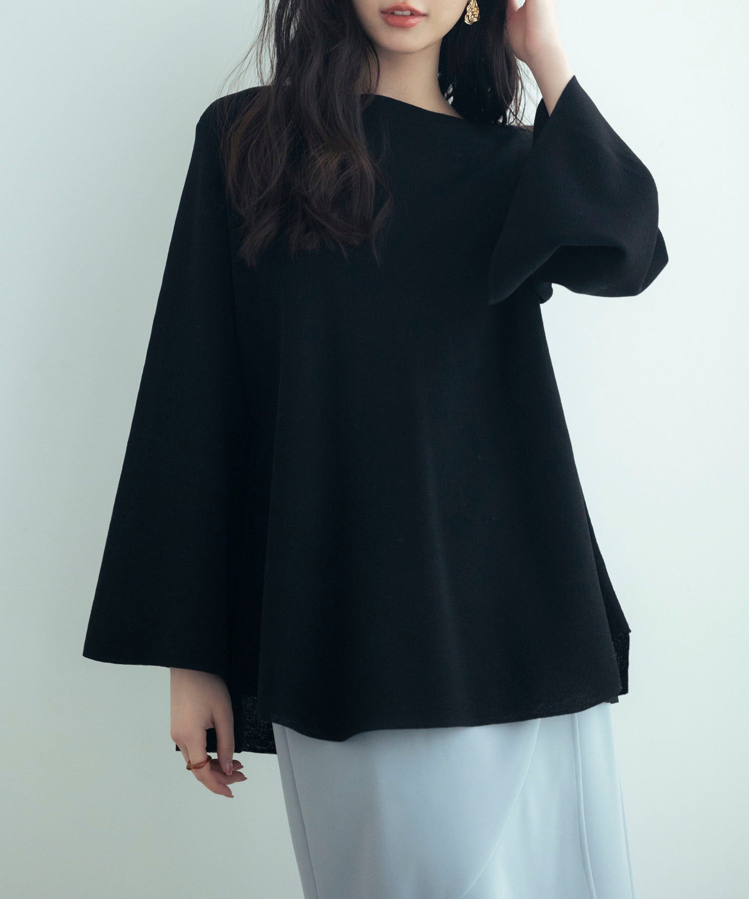 ビックシルエットフレアスリーブサマーニットプルオーバーsdpxyf9281b ブラック