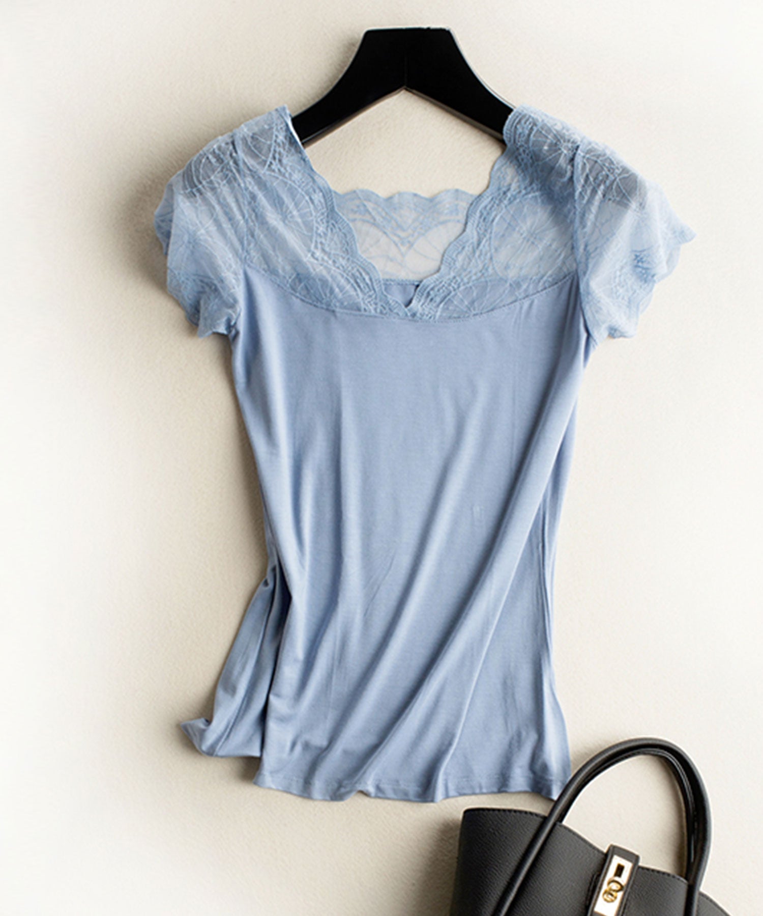 Vネックレースフレンチスリーブトップスtf002-f-bl