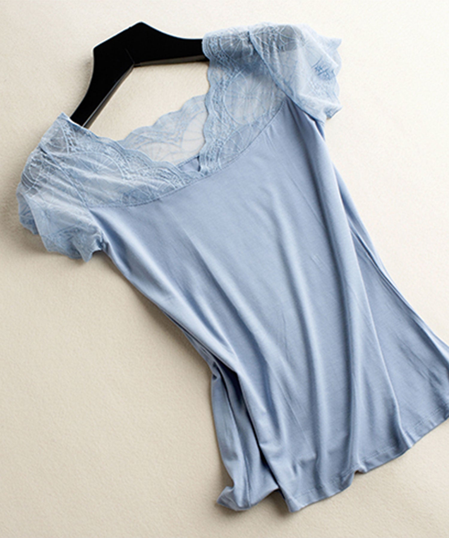 Vネックレースフレンチスリーブトップスtf002 ブルー