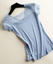 Vネックレースフレンチスリーブトップスtf002 ブルー