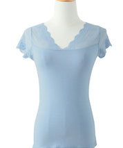 Vネックレースフレンチスリーブトップスtf002 ブルー