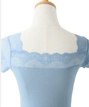 Vネックレースフレンチスリーブトップスtf002 ブルー