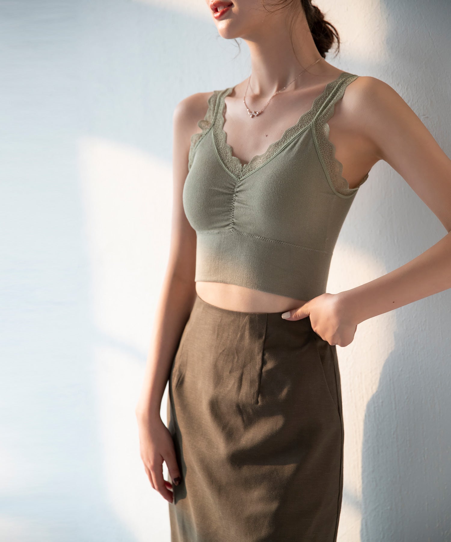 ミディ丈レースストラップブラトップtfqt6678 グリーン