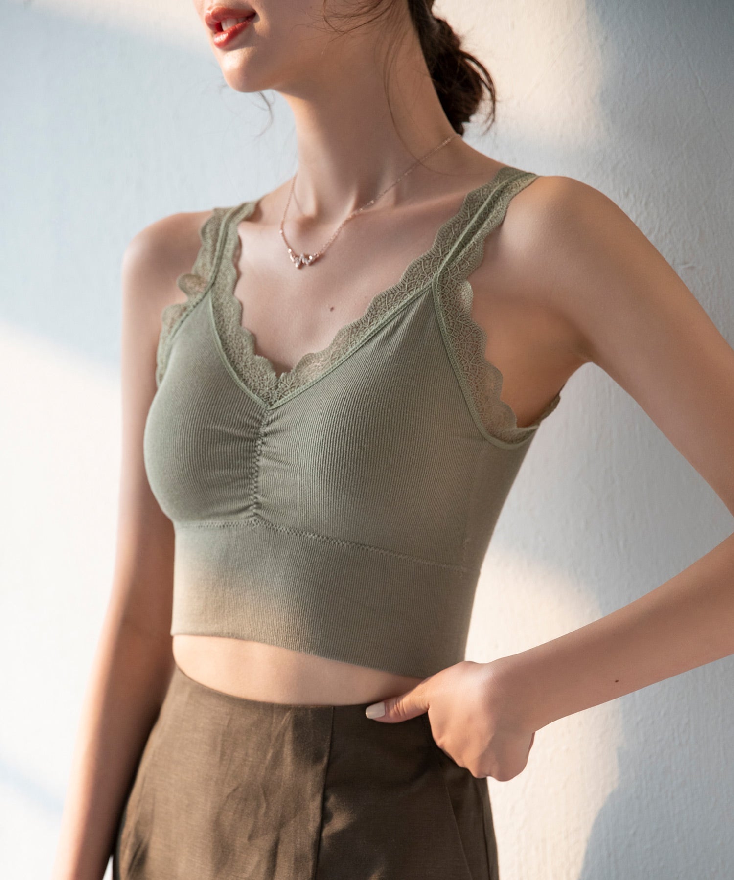 ミディ丈レースストラップブラトップtfqt6678 グリーン