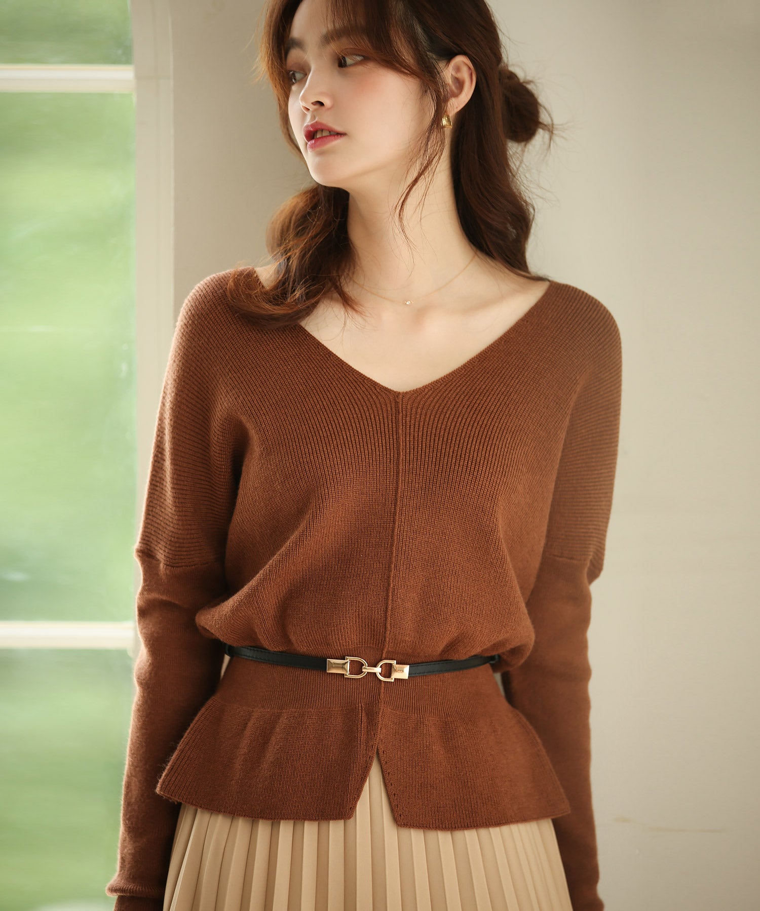 11色4size裾フレアペプラムニットトップスxy1020 ブラウン