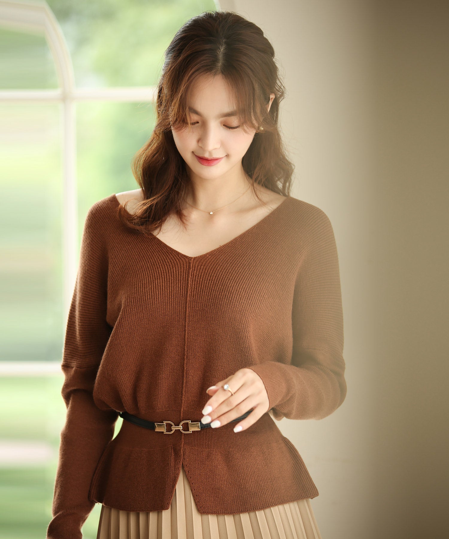 11色4size裾フレアペプラムニットトップスxy1020 ブラウン