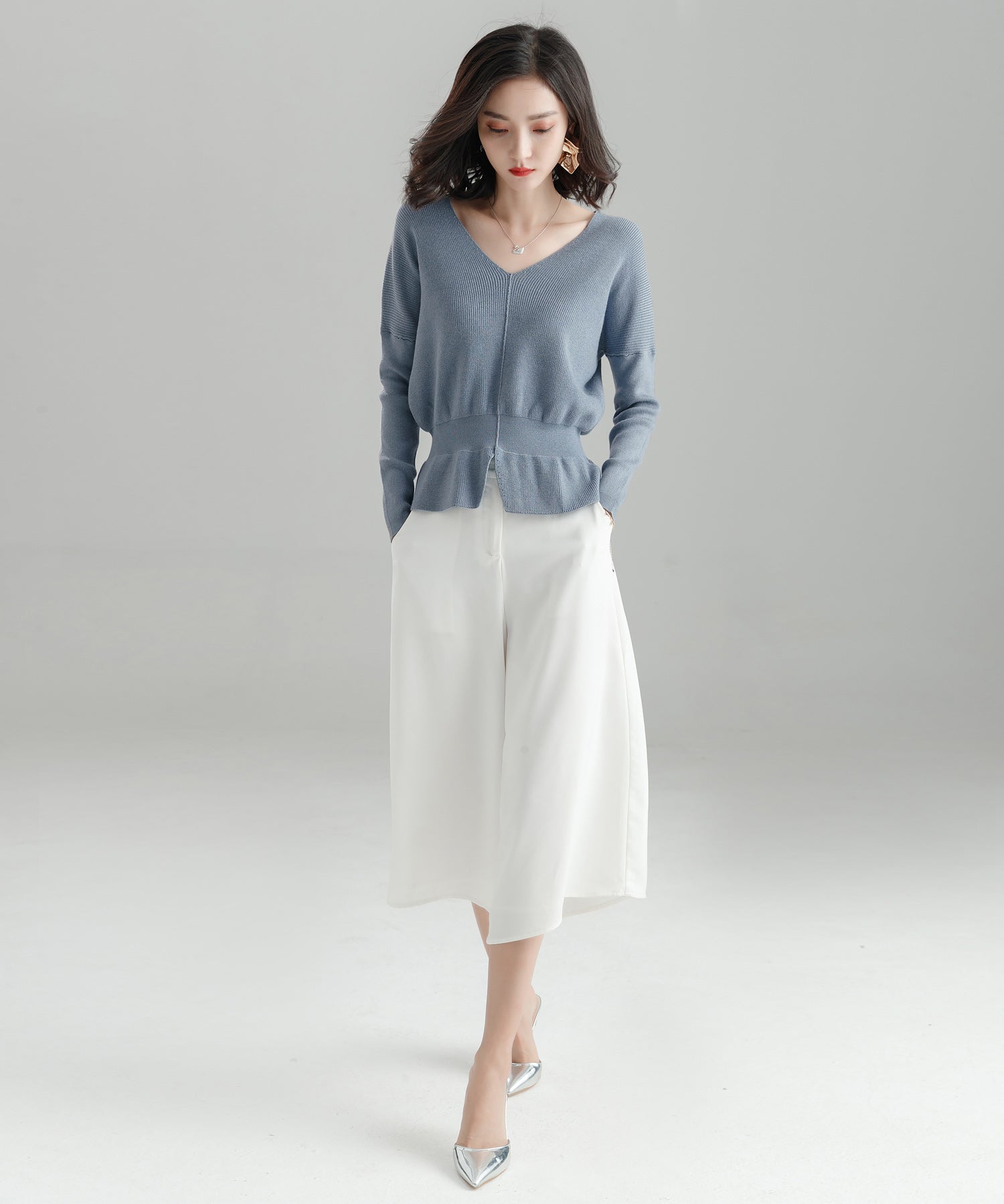 11色4size裾フレアペプラムニットトップスxy1020 ライトブルー