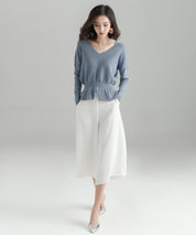 11色4size裾フレアペプラムニットトップスxy1020 ライトブルー