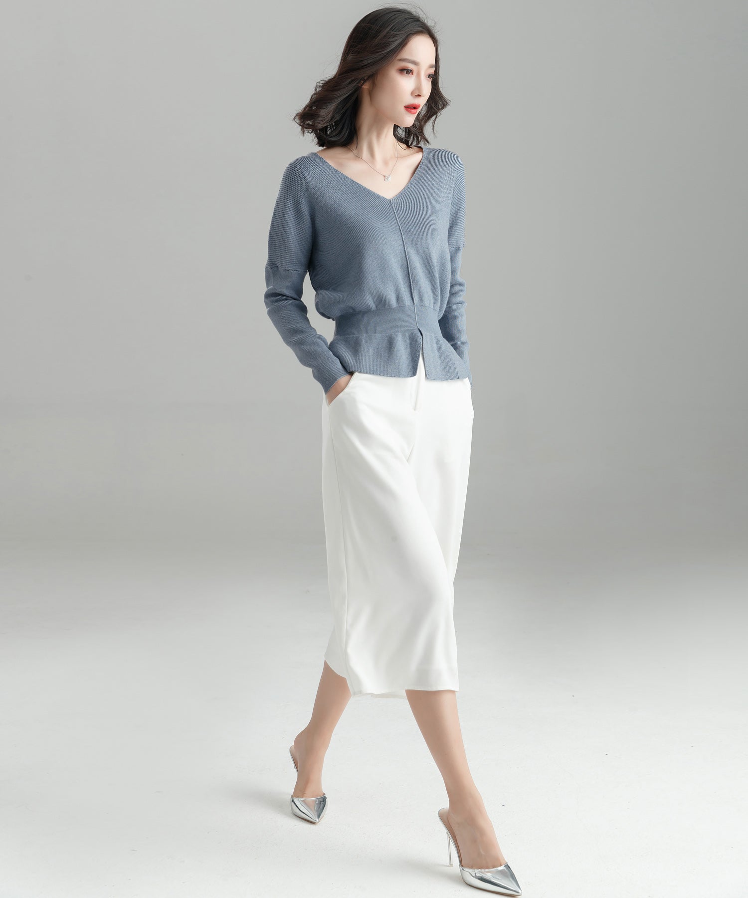 11色4size裾フレアペプラムニットトップスxy1020 ライトブルー