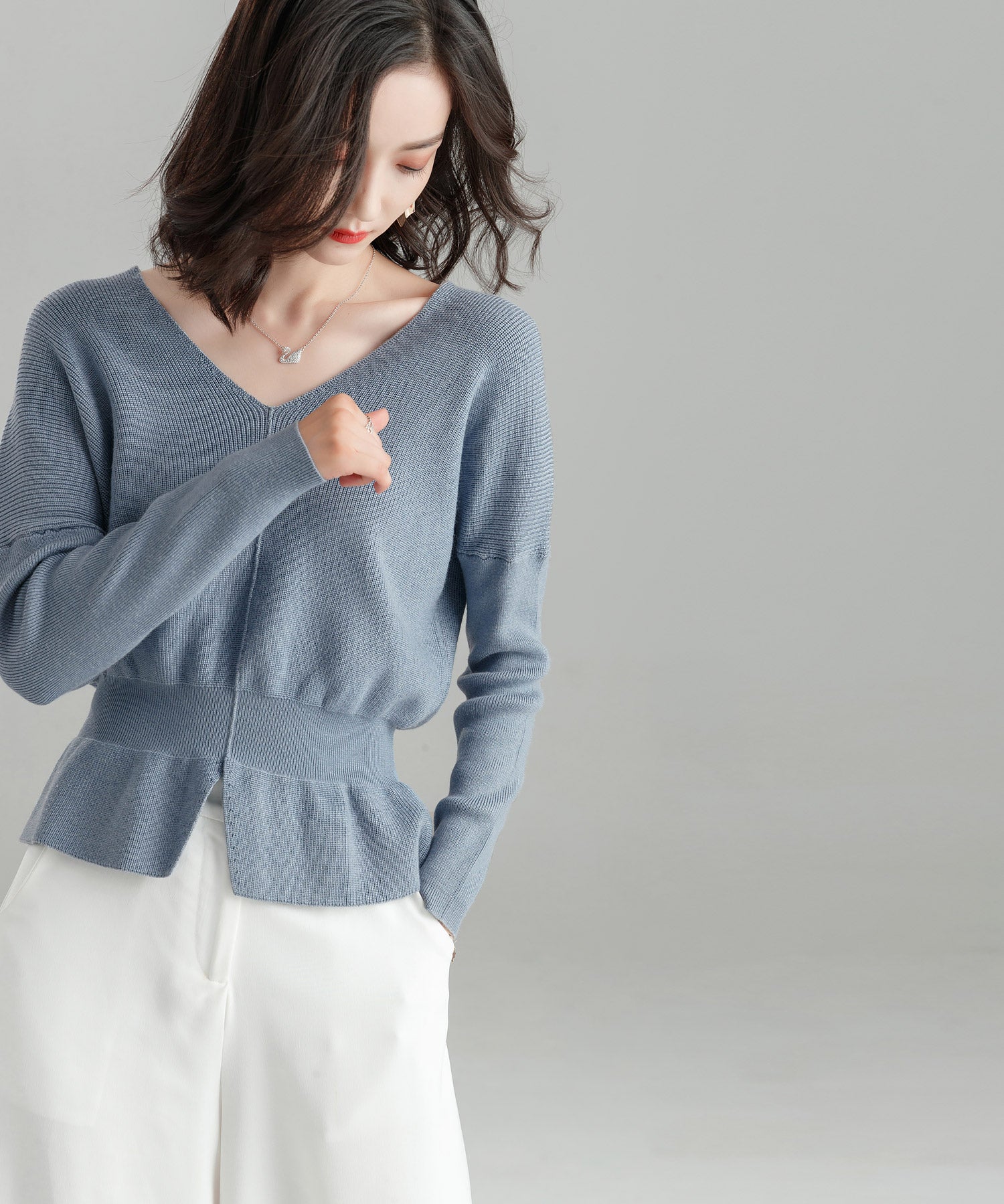 11色4size裾フレアペプラムニットトップスxy1020 ライトブルー