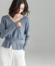 11色4size裾フレアペプラムニットトップスxy1020 ライトブルー