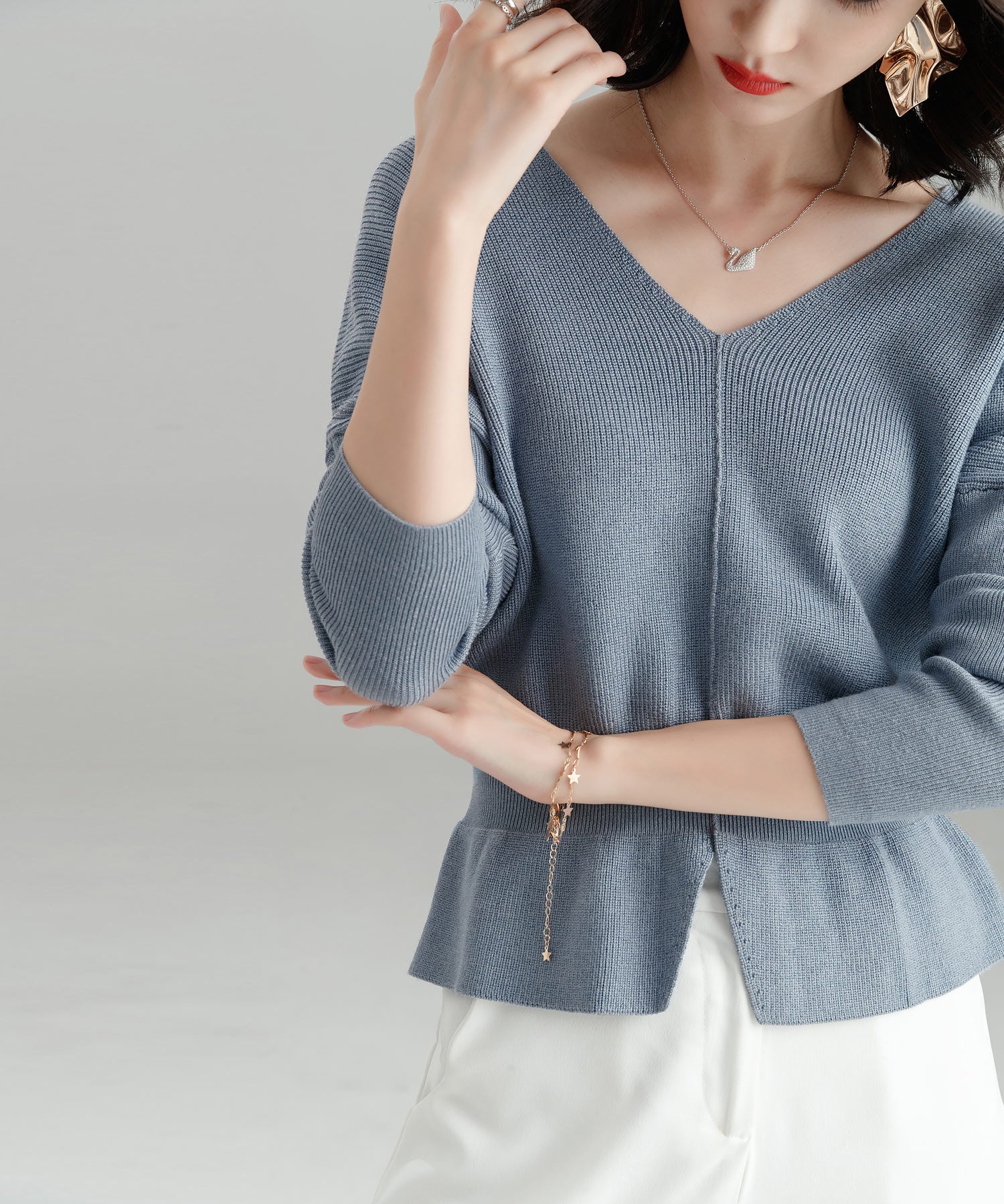 11色4size裾フレアペプラムニットトップスxy1020 ライトブルー