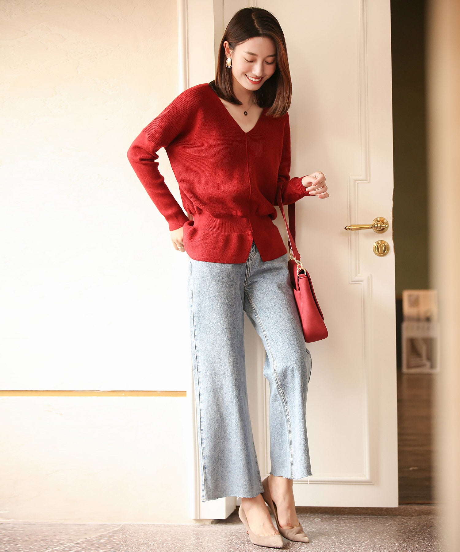 11色4size裾フレアペプラムニットトップスxy1020 ワイン