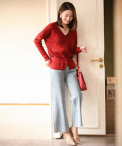 11色4size裾フレアペプラムニットトップスxy1020 ワイン