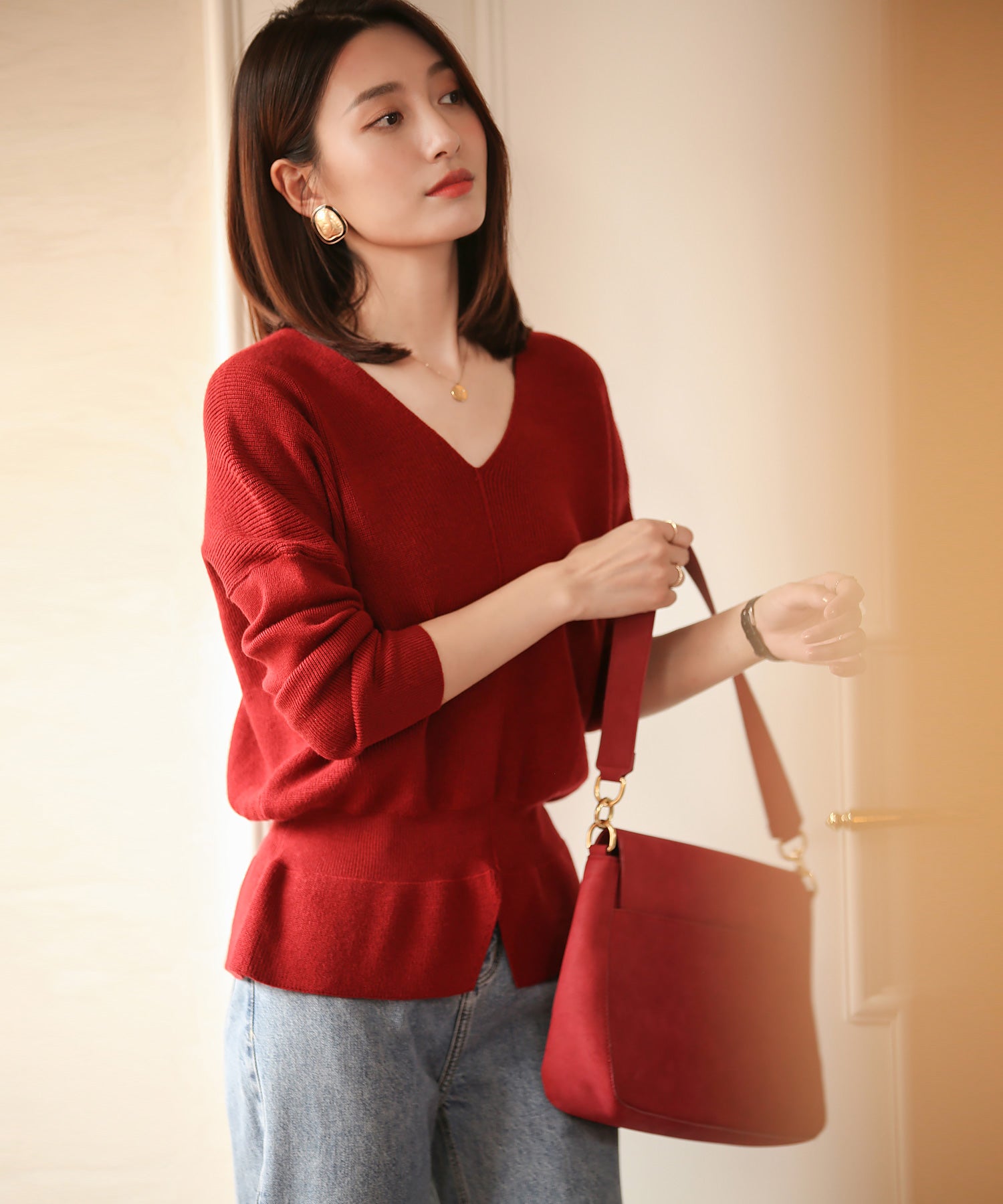 11色4size裾フレアペプラムニットトップスxy1020 ワイン