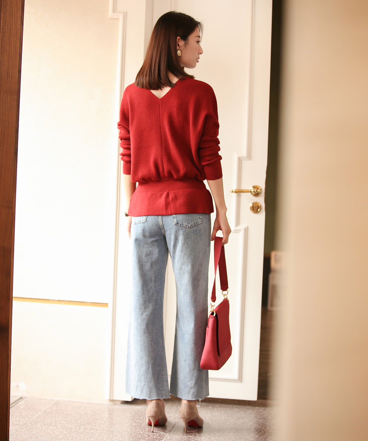 11色4size裾フレアペプラムニットトップスxy1020 ワイン