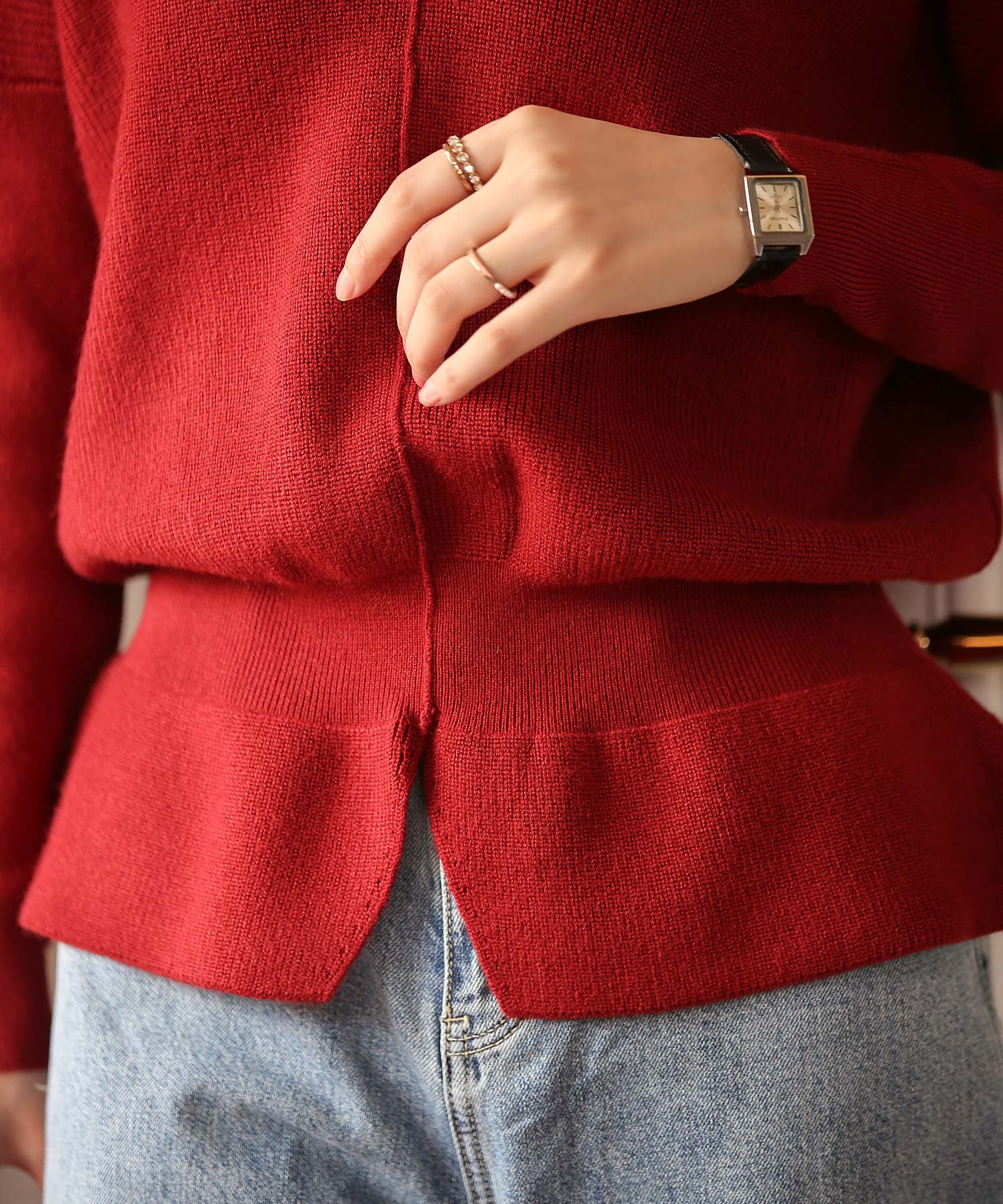 11色4size裾フレアペプラムニットトップスxy1020 ワイン