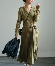 リブプリーツAラインロングニットワンピースxya1710 グリーン