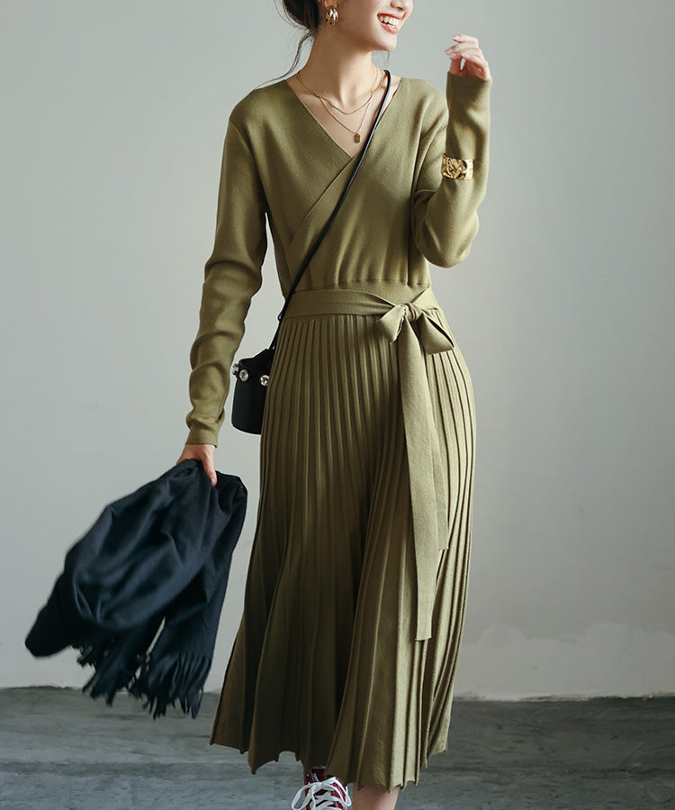 リブプリーツAラインロングニットワンピースxya1710 グリーン