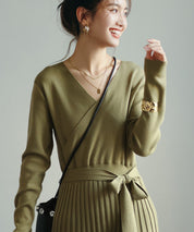 リブプリーツAラインロングニットワンピースxya1710 グリーン