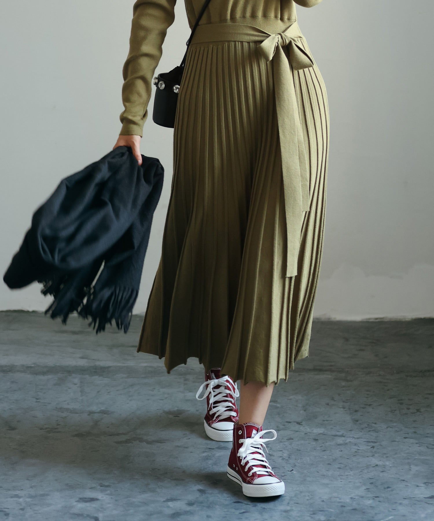 リブプリーツAラインロングニットワンピースxya1710 グリーン