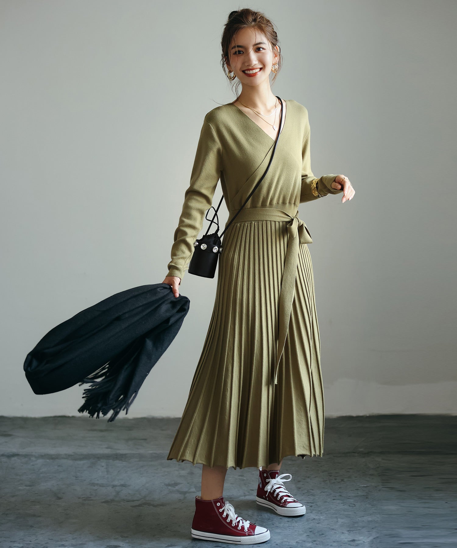 リブプリーツAラインロングニットワンピースxya1710 グリーン