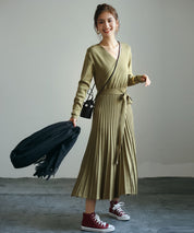 リブプリーツAラインロングニットワンピースxya1710 グリーン