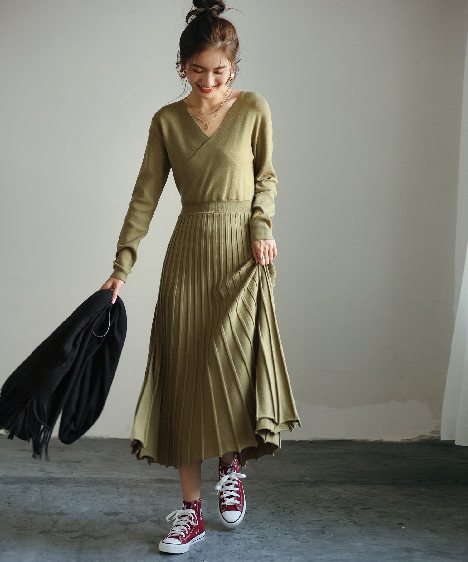 リブプリーツAラインロングニットワンピースxya1710 グリーン