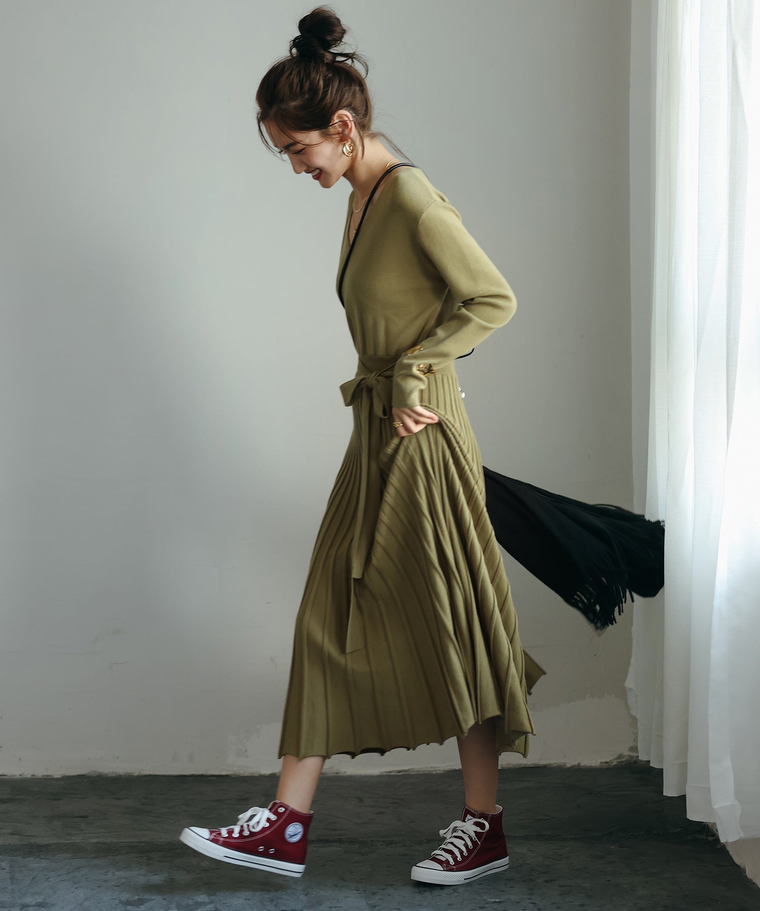 リブプリーツAラインロングニットワンピースxya1710 グリーン