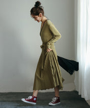 リブプリーツAラインロングニットワンピースxya1710 グリーン