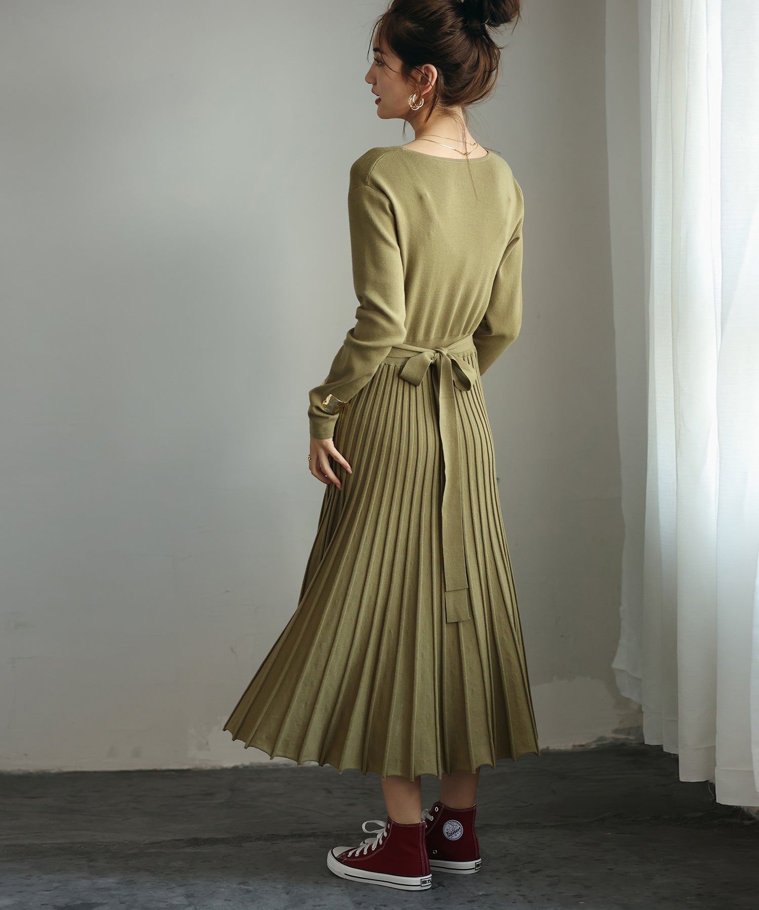 リブプリーツAラインロングニットワンピースxya1710 グリーン