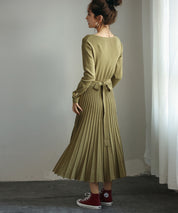 リブプリーツAラインロングニットワンピースxya1710 グリーン