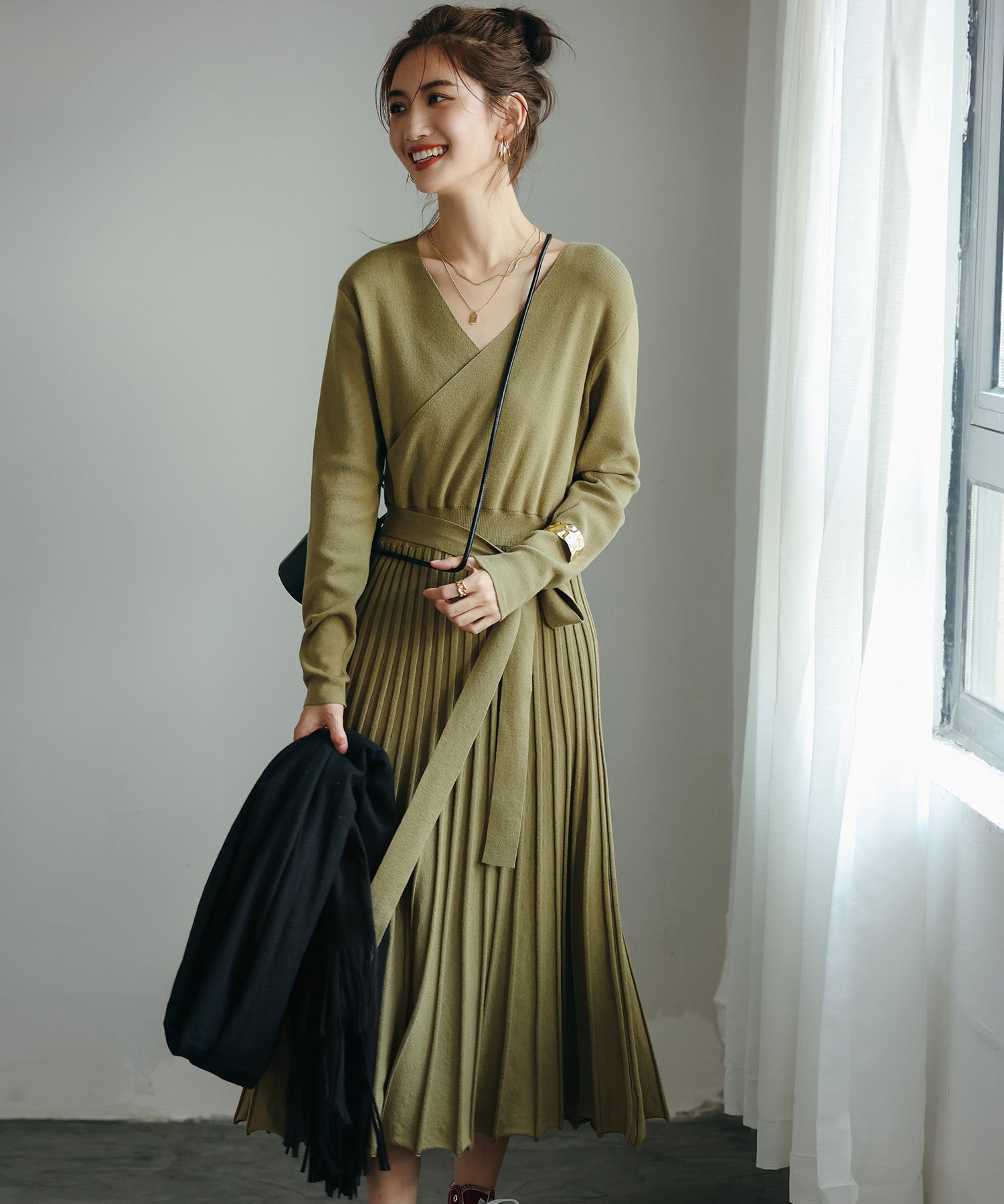 リブプリーツAラインロングニットワンピースxya1710 グリーン