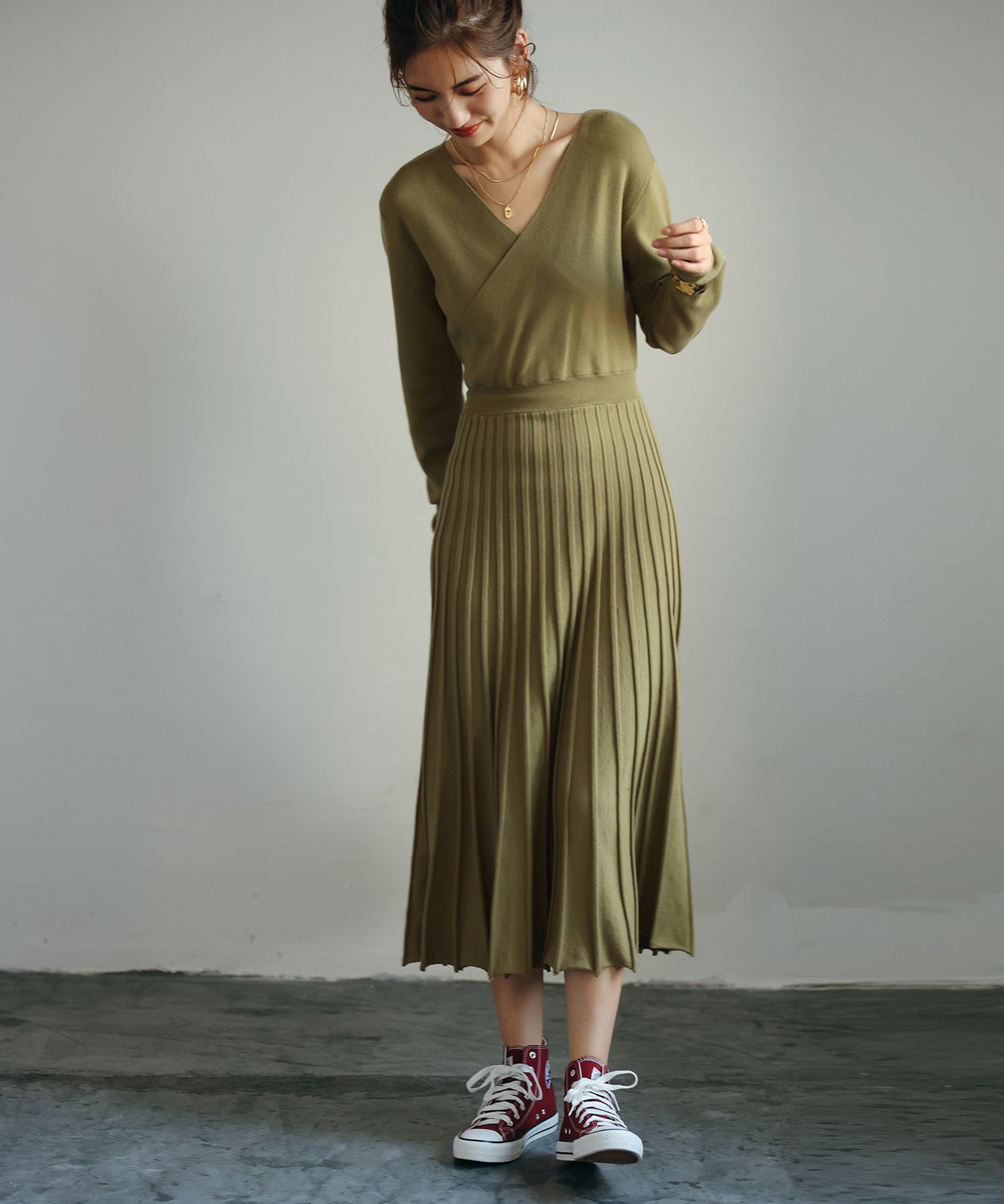 リブプリーツAラインロングニットワンピースxya1710 グリーン