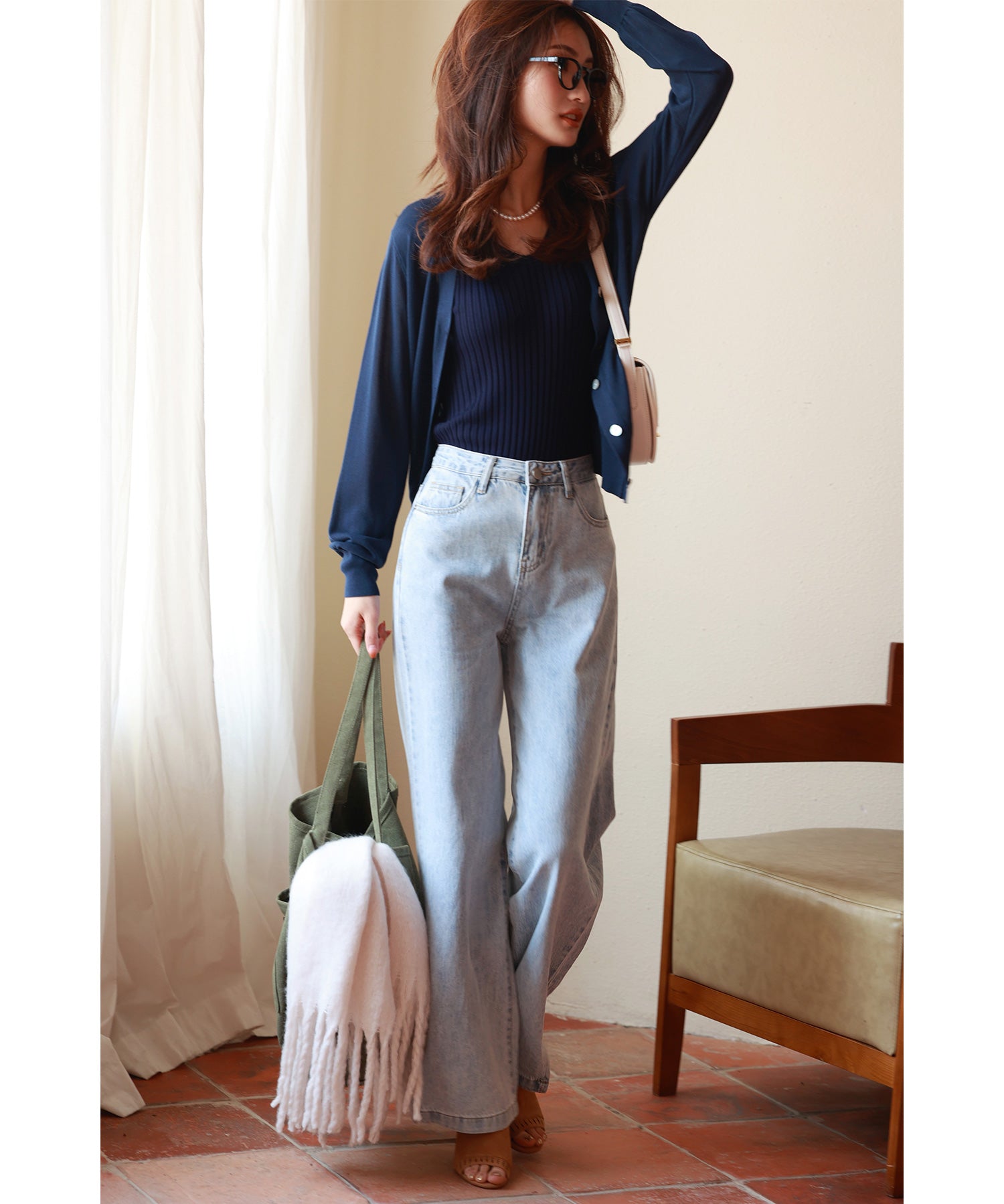 サマーニットVネックカーディガンxyf2080 ネイビー