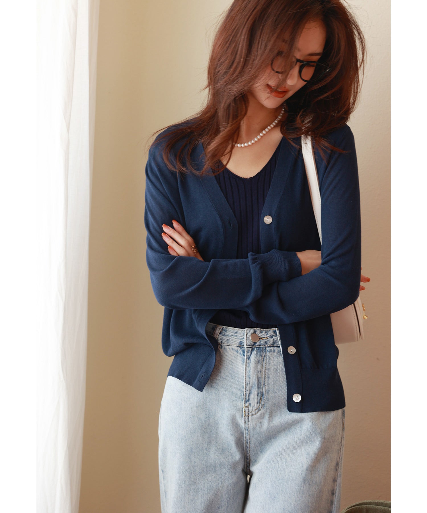 サマーニットVネックカーディガンxyf2080 ネイビー