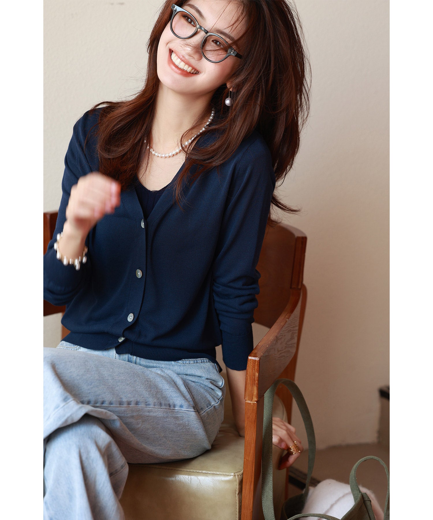 サマーニットVネックカーディガンxyf2080 ネイビー