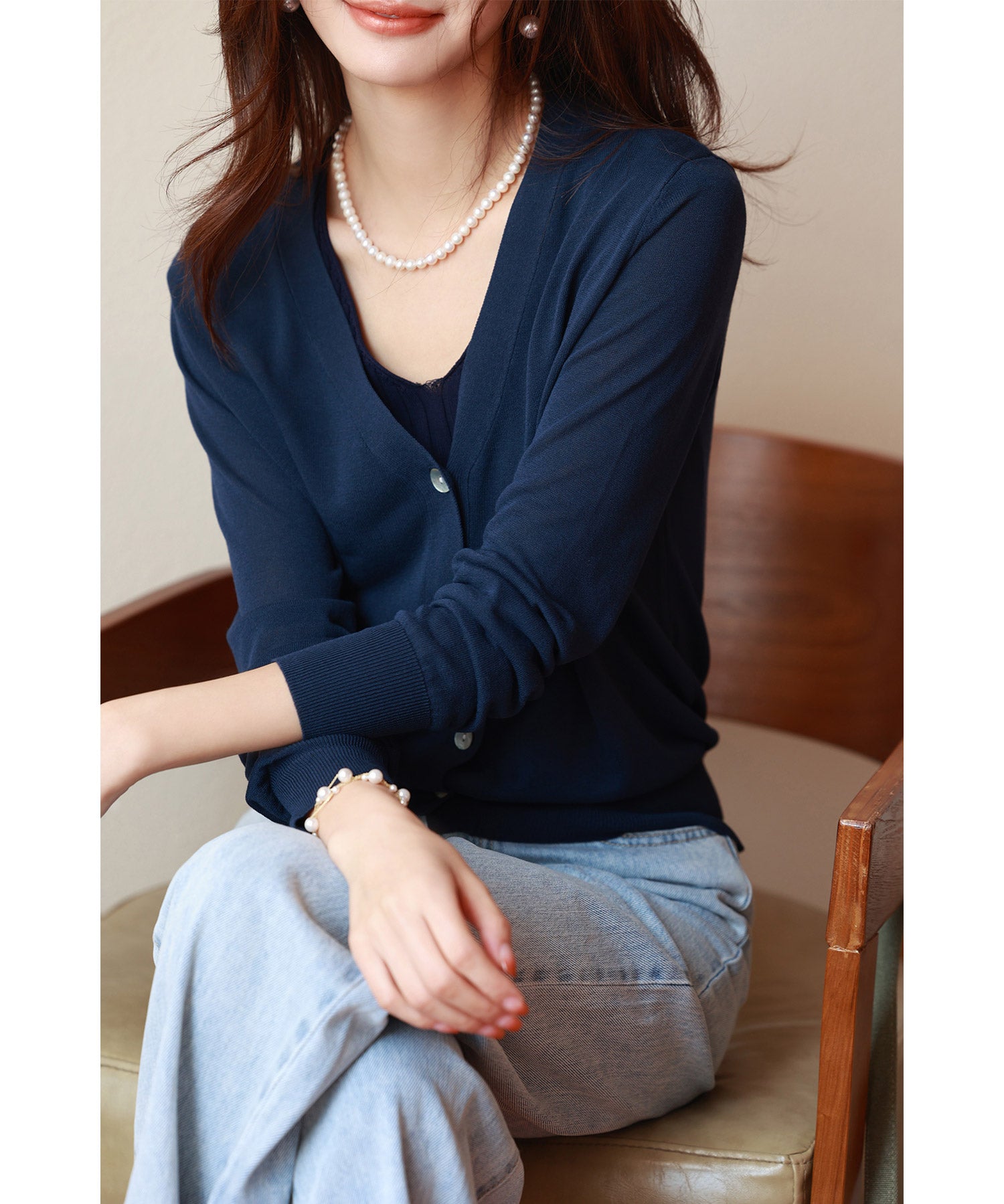 サマーニットVネックカーディガンxyf2080 ネイビー