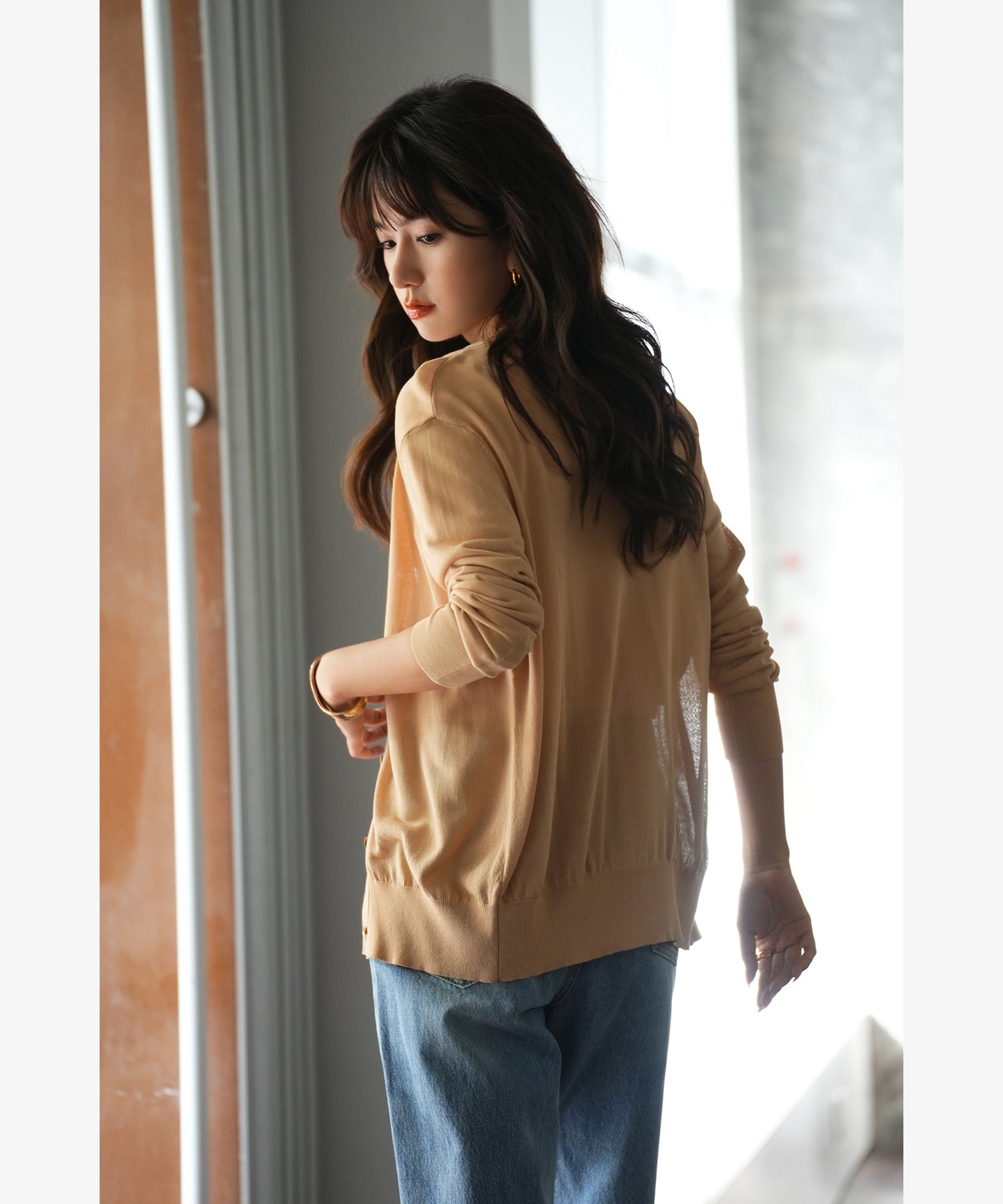 サマーニットVネックカーディガンxyf2080 キャメル