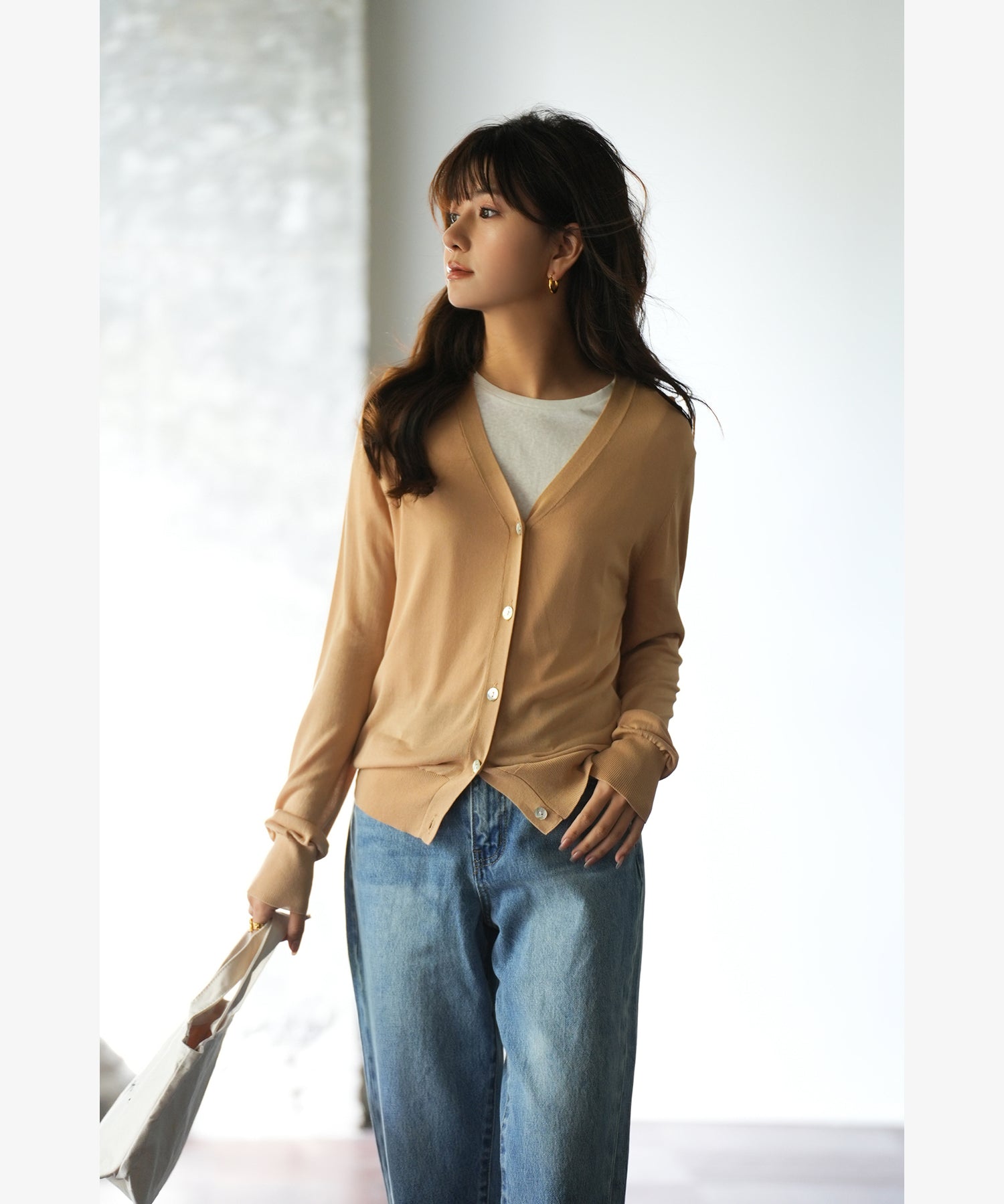 サマーニットVネックカーディガンxyf2080 キャメル