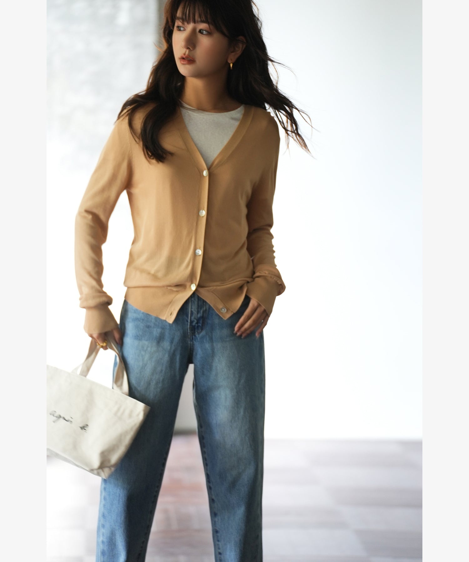 サマーニットVネックカーディガンxyf2080 キャメル