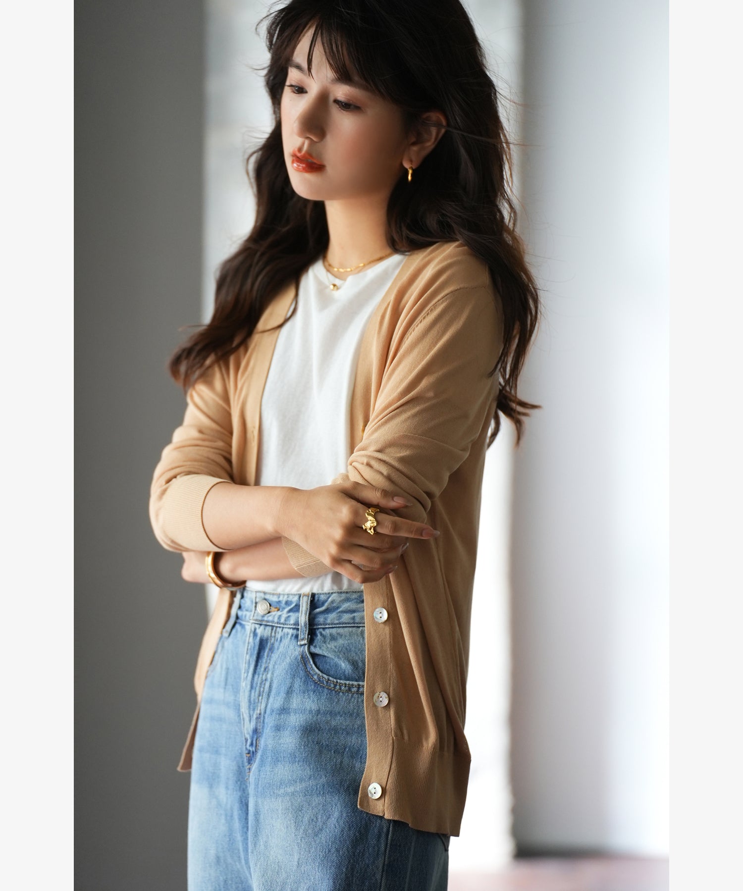 サマーニットVネックカーディガンxyf2080 キャメル