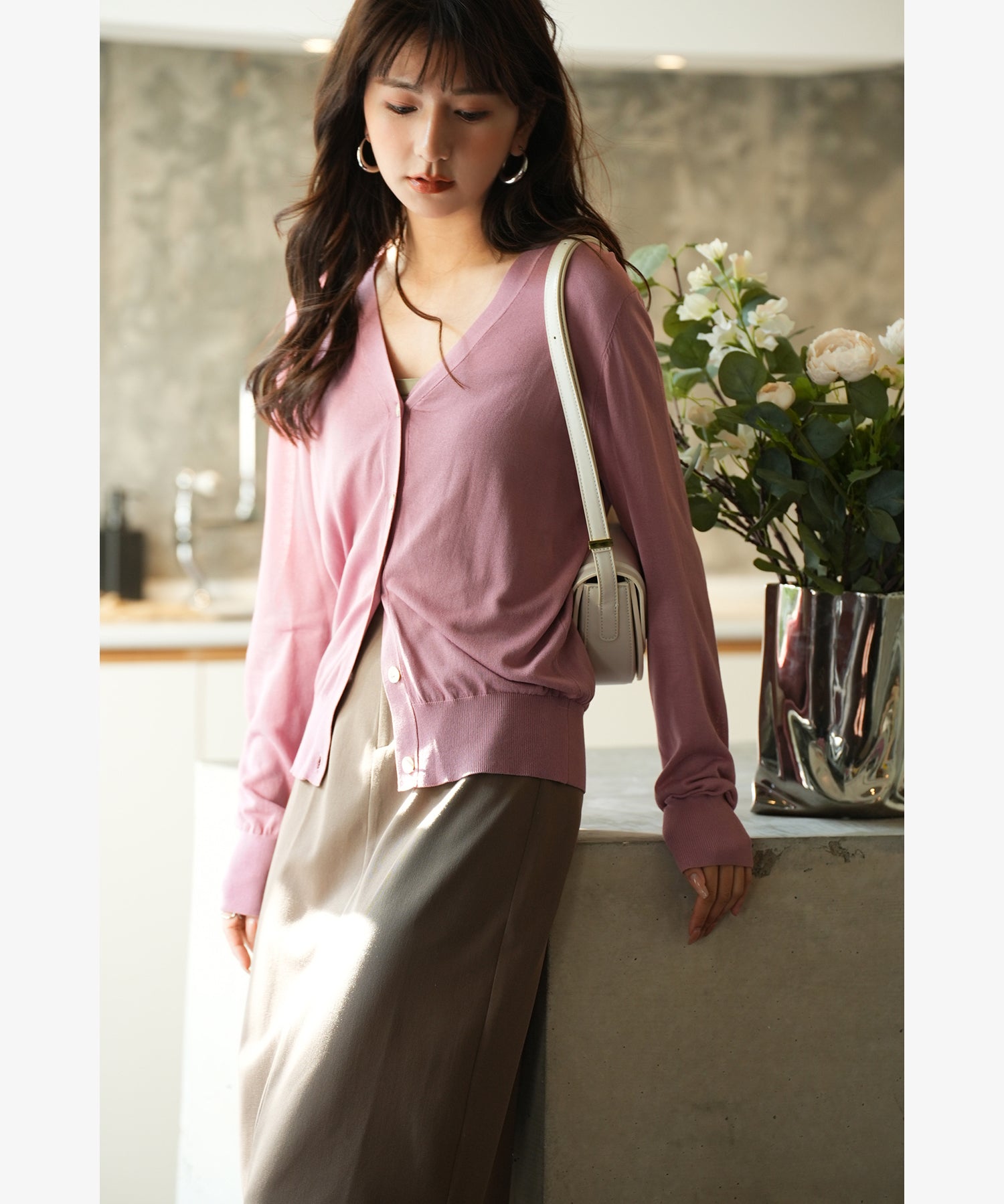 サマーニットVネックカーディガンxyf2080 ローズ