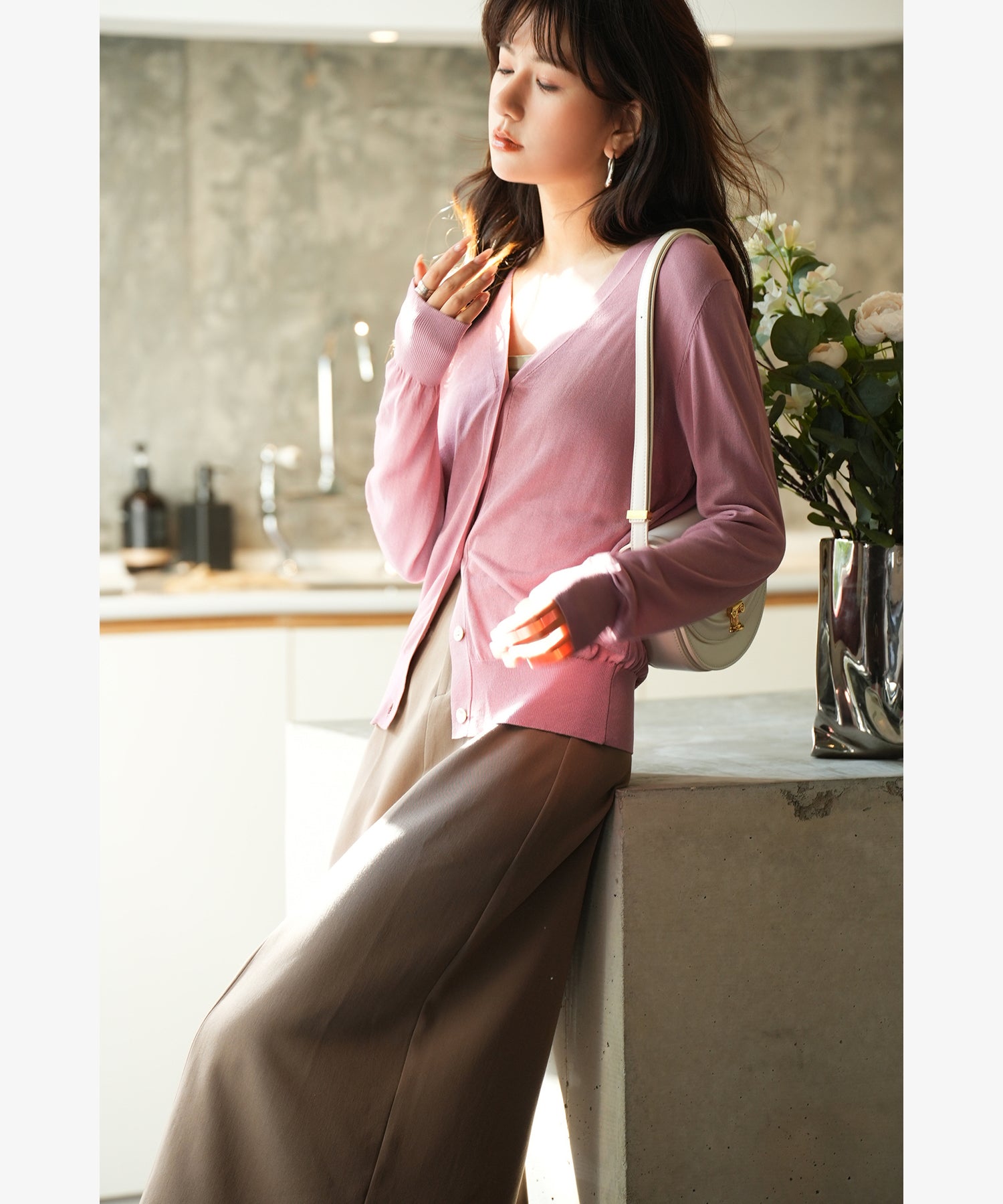 サマーニットVネックカーディガンxyf2080 ローズ