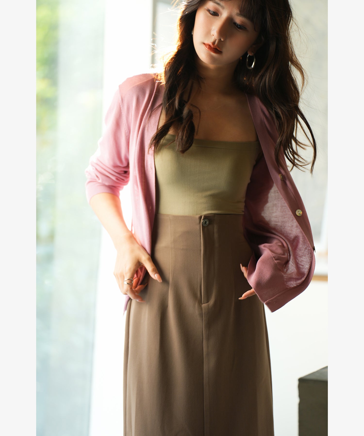 サマーニットVネックカーディガンxyf2080 ローズ