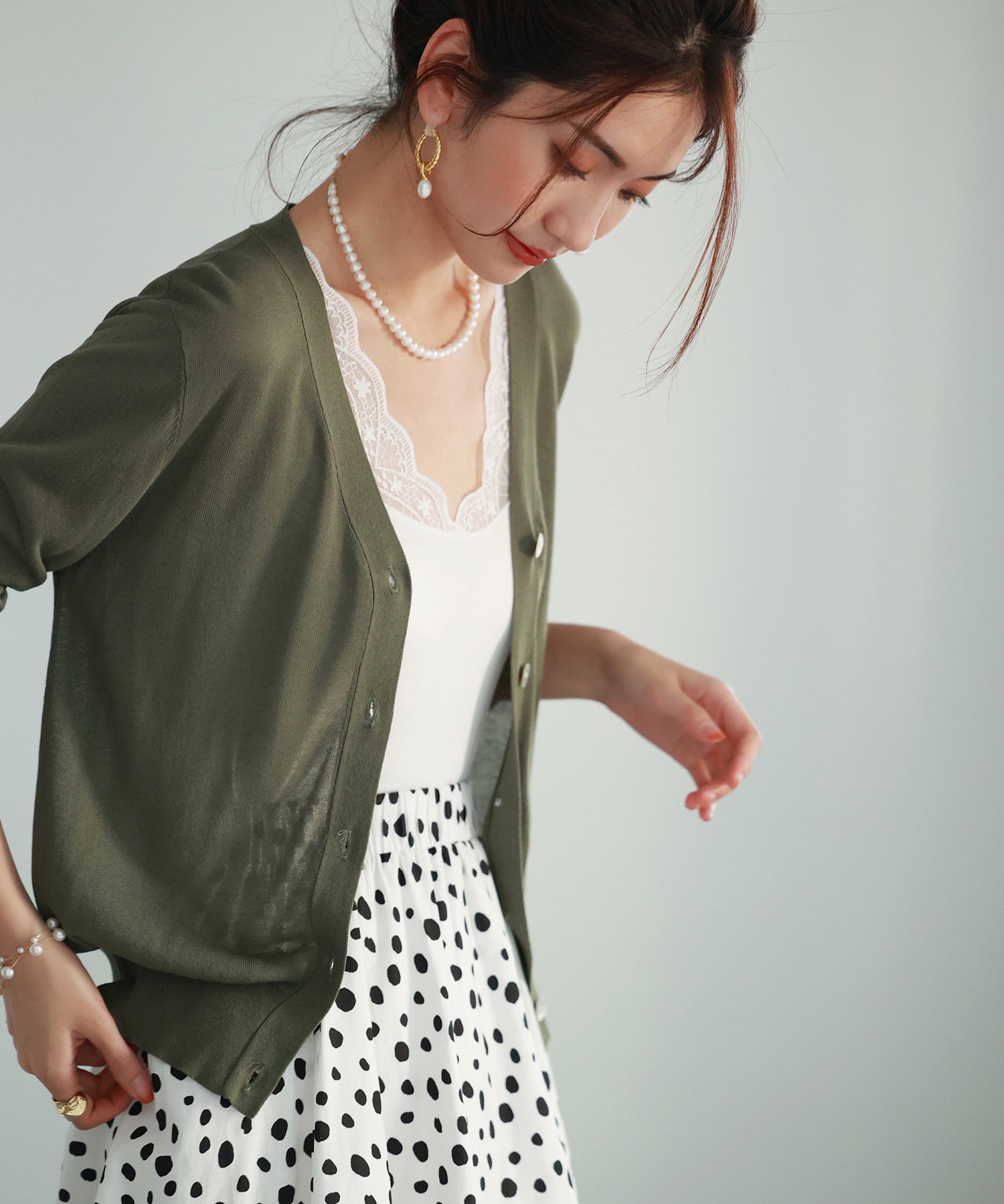 サマーニットVネックカーディガンxyf2080 カーキ